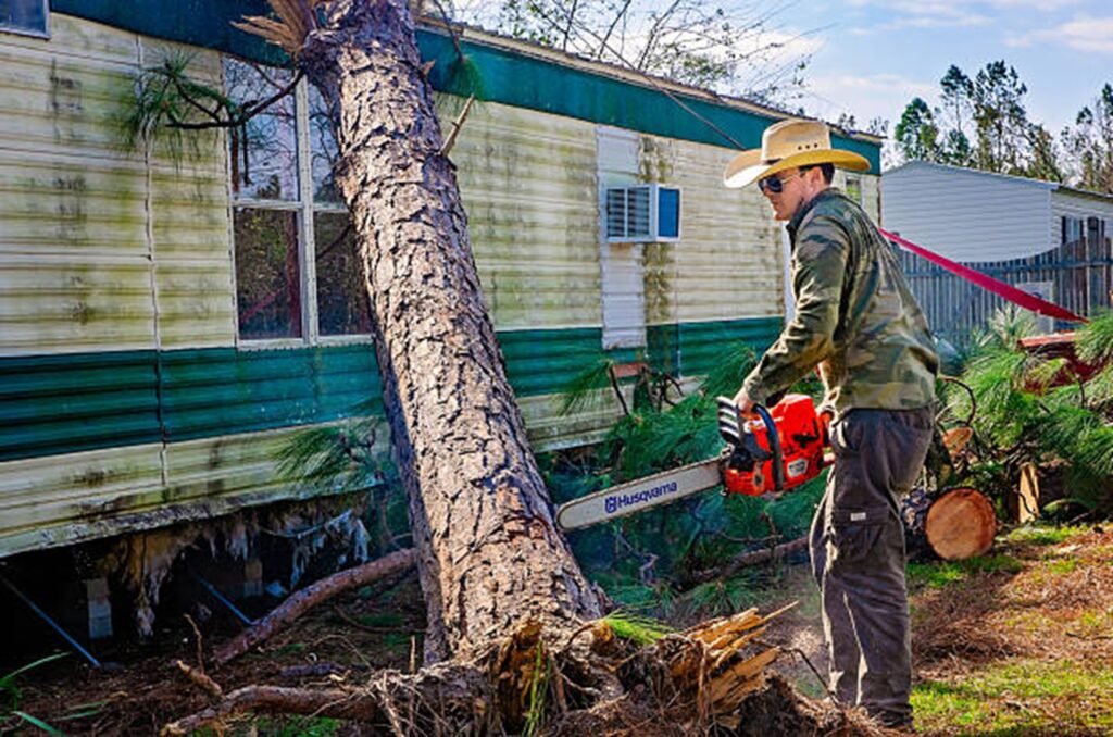 Storm-damaged tree leaning against a residential home before emergency tree removal service in University City, MO.