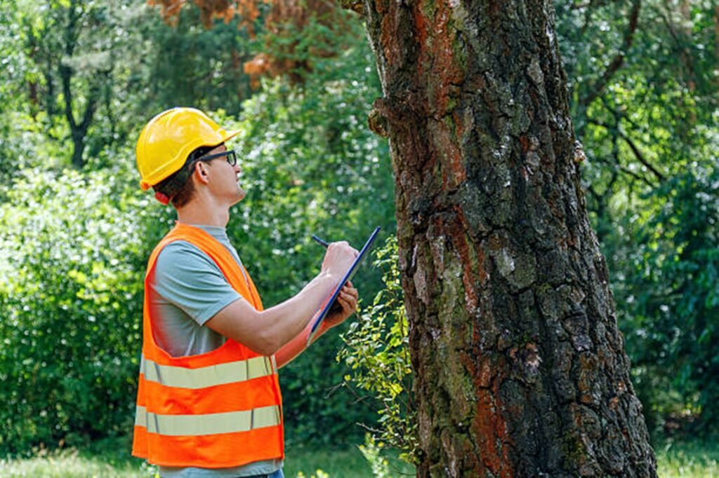 Certified arborist inspecting a storm-damaged tree to evaluate safety risks and recommend professional tree care services in University City, MO.