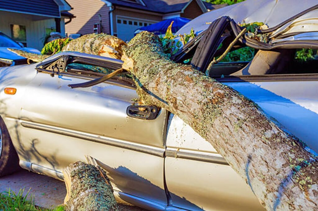 Large fallen tree crushing a parked vehicle after a severe storm, highlighting the need for professional storm damage cleanup in University City, MO.